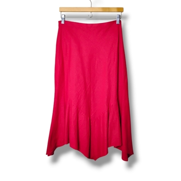 Cherry Red Linen Rayon A-Line Midi Skirt Sharkbite Hem | M - Picture 1 of 8